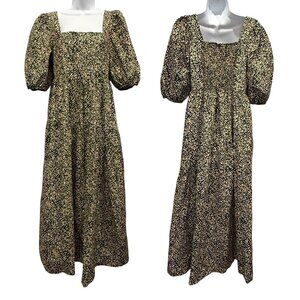 Mango Square Neck Puff Sleeve Cotton Midi Dress Floral Animal Tan Black Size S/4